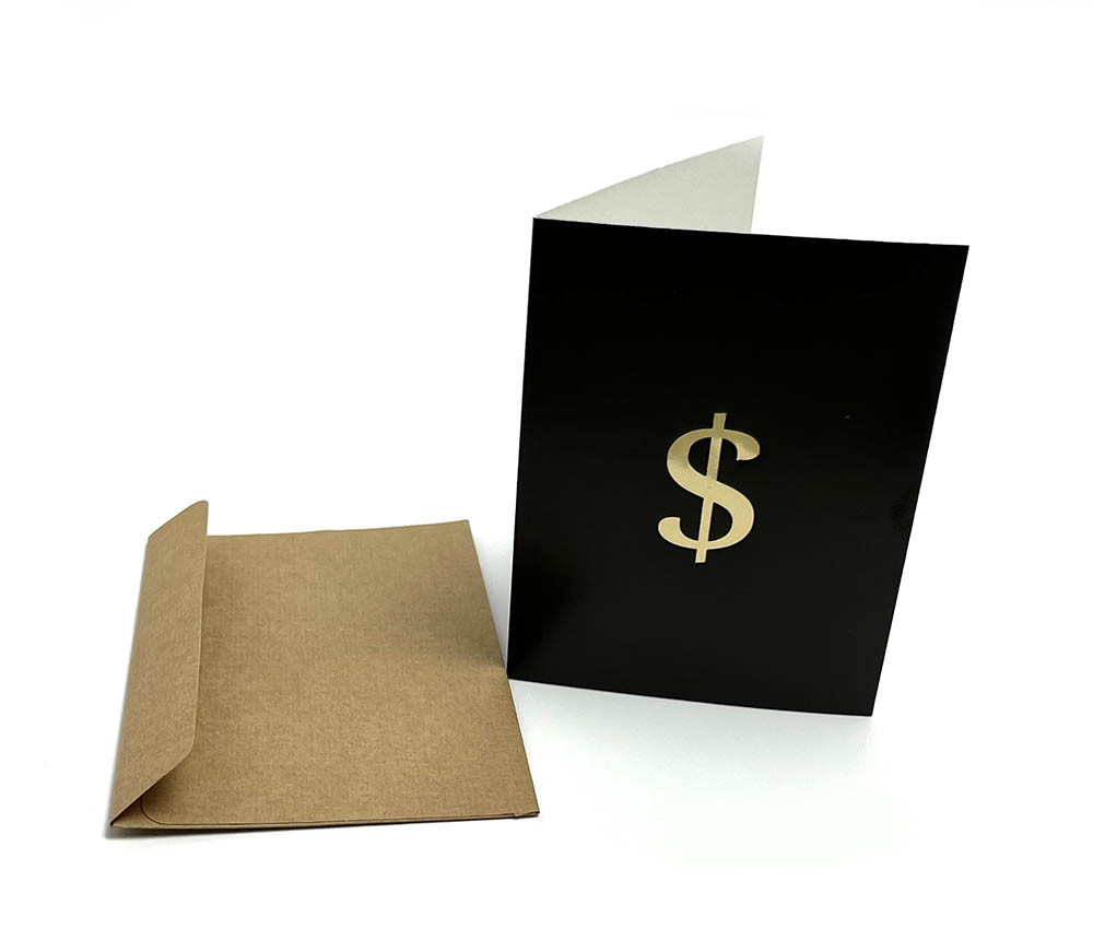 Міні листівка 8*10 см з конвертом "символ долара" золото на чорному