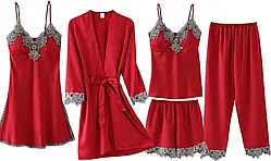 Жіночий атласний набір для сну в червоному кольорі халат з пеньюаром, піжама двійка та штани