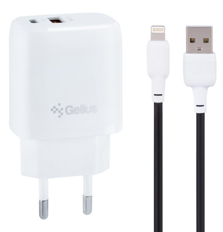 Мережевий зарядний пристрій Gelius X-Duo GP-HC014 QC3.0/PD20W USB+Type-C White + Lightning (18W) Black/White