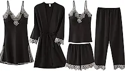 Жіночий чорний атласний набір з мереживом, халат з пеньюаром, піжама і штани