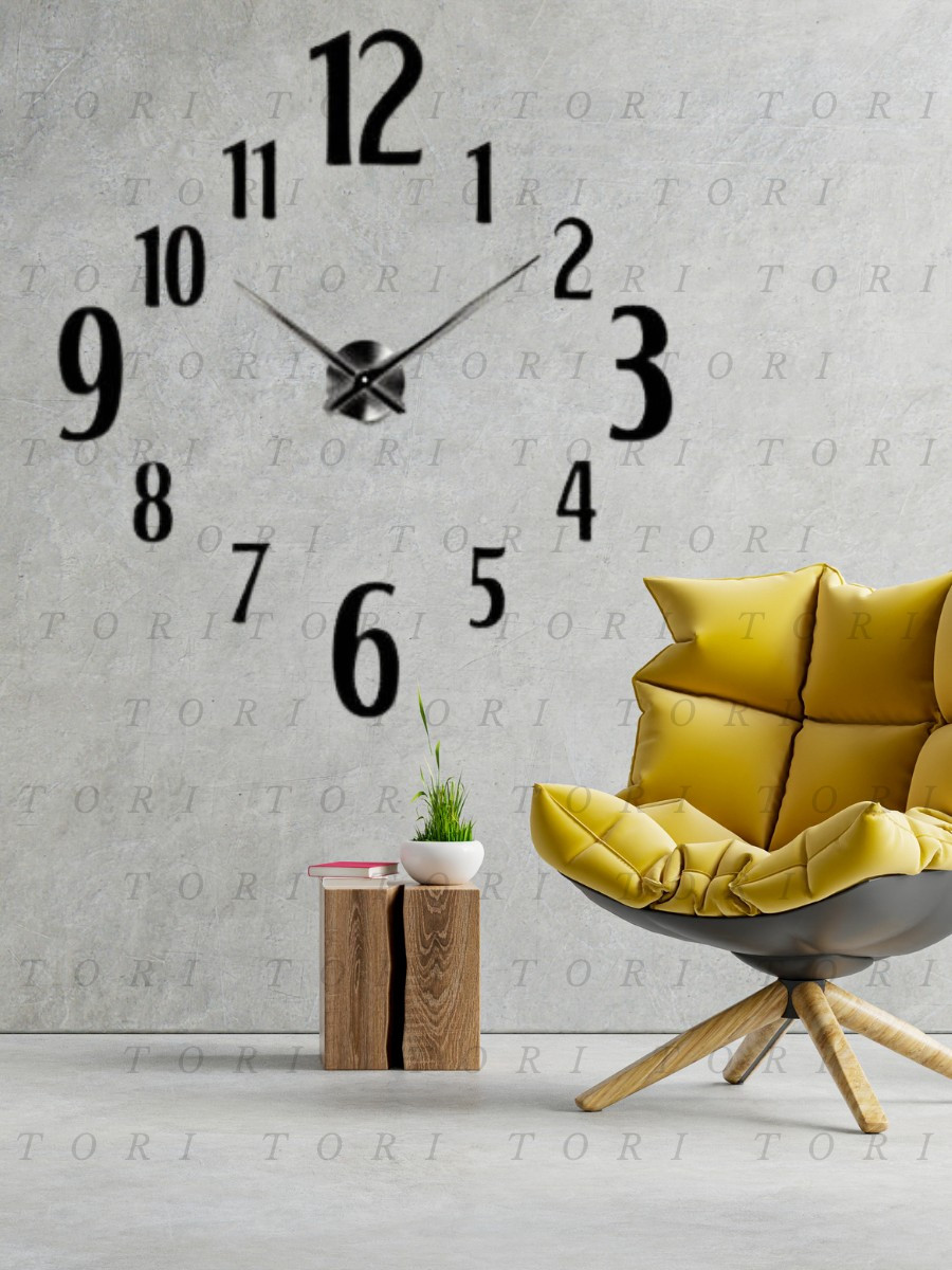 Великий настінний безкаркасний безшумний інтер'єрний 3D годинник наліпка декор для дому діаметр 90 см чорний (90038300072)