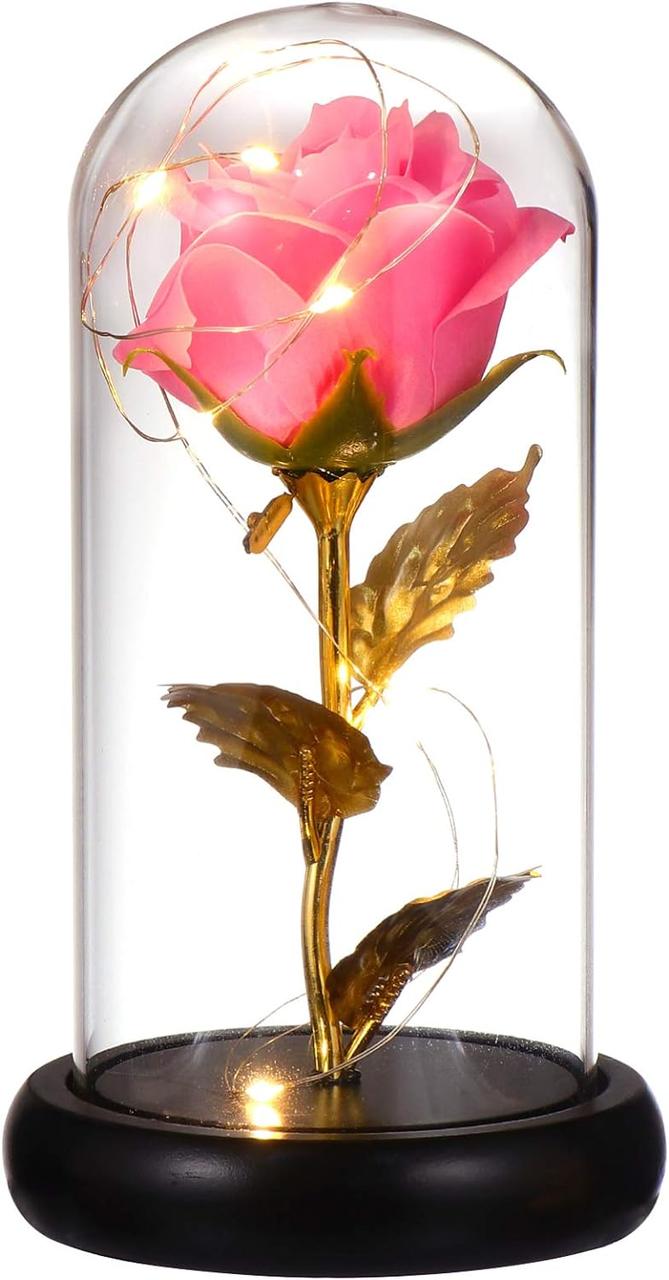 Світильник довговічна троянда в колбі з м'яким освітленням, Стабілізована троянда в склі з льод-підсвіткою hop