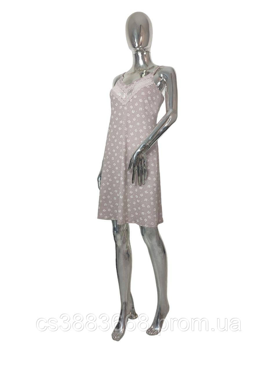 Жіноча нічна сукня сорочка бавовняна з мереживом і квітковим принтом ночнушка Роксана бежева S