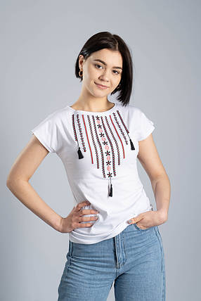 Класична біла жіноча футболка із українським орнаментом «Намисто» 3XL, фото 2