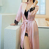 Жіночий рожевий піжамний набір халат з поясом, піжама і мереживні трусики, фото 3
