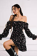 Цветочное мини платье бюстье с рукавами фонариками и расклешенной юбкой с оборками (р. S, М) 66py5571Q Черный,