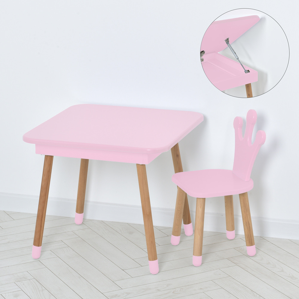 Дитячий дерев'яний столик та стільчик Корона 09-025R-BOX Рожевий (з ящиком під стільницею)
