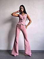 Женский классический костюм тройка с удлиненным пиджаком жилетом и брюками клеш (р.XS, S, M) 66ks3602Е Пудра,