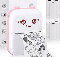 Міні термопринтер дитячий Кишеньковий термопринтер рожевий котик із набором паперу Термопринтер для студентів