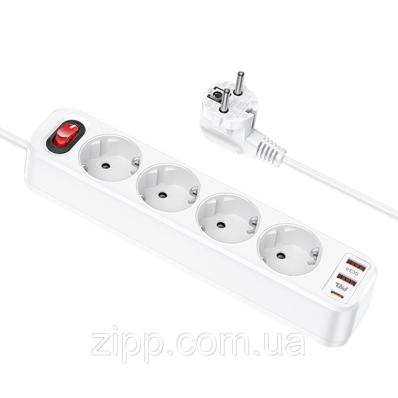 Мережевий Фільтр 1.8м Hoco NS1 Aura 4-bit PD 20W 2xUSB+Type-C