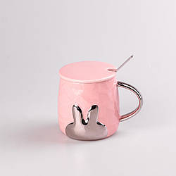 Рожевий кухоль для кави та чаю, з кераміки 300 мл Rabbit, в комплекті з кришкою та ложкою Чашка для напоїв