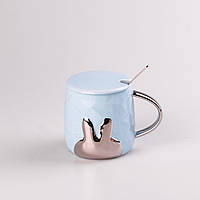 Кружка для чая, кофе и напитков, голубая керамическая 300 мл Rabbit, в комплекте с крышкой и ложкой