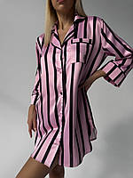 Удлиненная шелковая рубашка для дома розовая Victoria's Secret, Ночная рубашка в полоску Виктория Сикрет