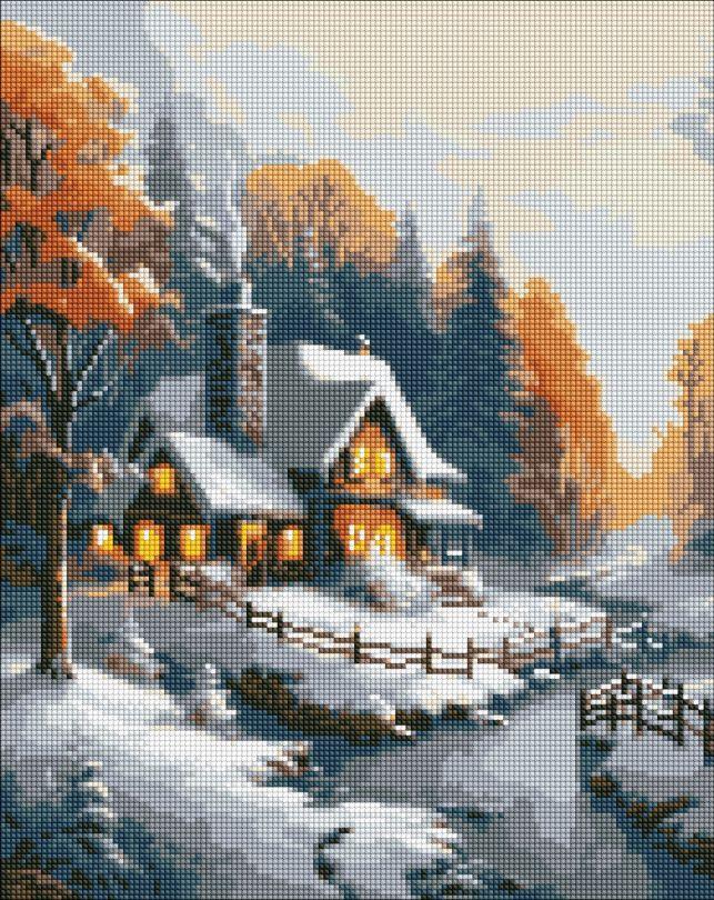 Алмазна картина Ідейка Зимовий будиночок з голограмними стразами (AB) ©art_selena_ua (AMO7831) 40 х 50 см (На підрамнику)
