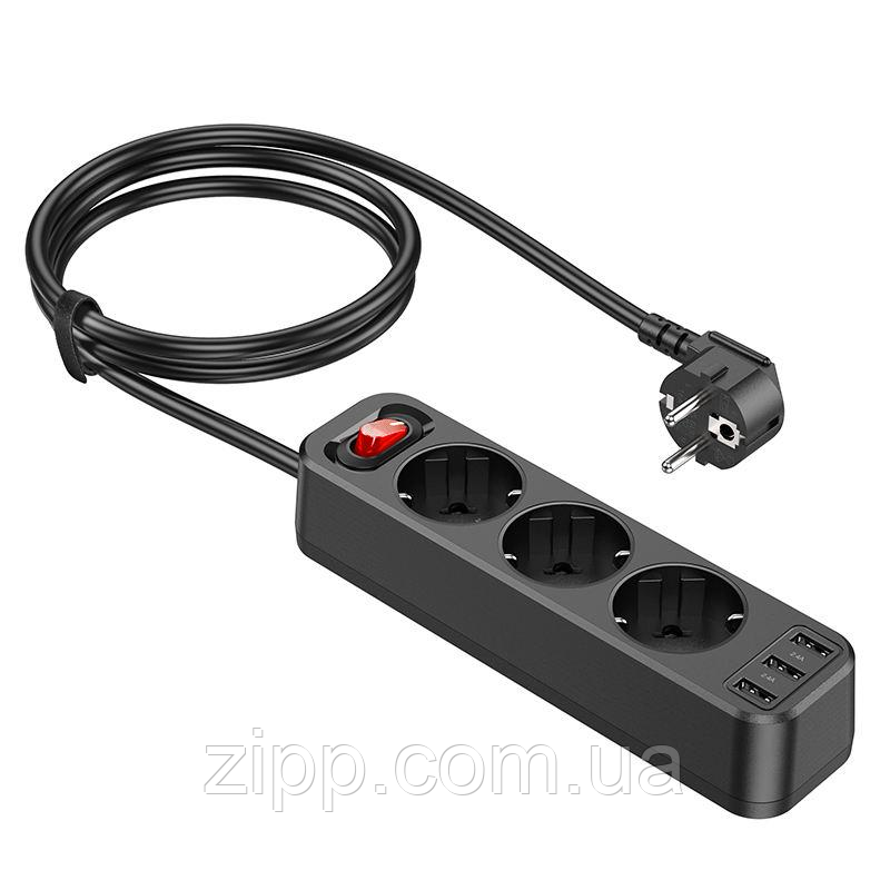 Мережевий фільтр Hoco NS2 (3 розетки + 3 USB) 1.8m, фото 1