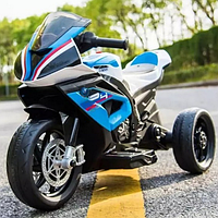 Дитячий електромобіль мотоцикл Трицикл JT5008L-4 BMW на пластикових колесах, шкіряне сидіння / синій