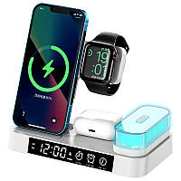 Зарядная станция Qi 4в1 Wireless Charger XYJ S37, 5-15W, для Samsung Watch/Airpods/Phone, RGB, белая