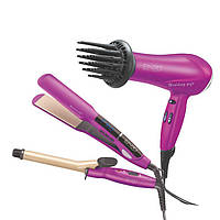Набор для укладки волос 3в1 фен для сушки волос, плойка, утюжек ENZO EN-6303 Розовый