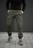 Модні демісезонні штани карго з бічними кишенями хакі на гумці, фото 9