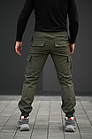 Модні демісезонні штани карго з бічними кишенями хакі на гумці, фото 4