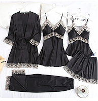 Чорний жіночий піжамний комплект халат з поясом, пеньюар, шорти з майкою та штани