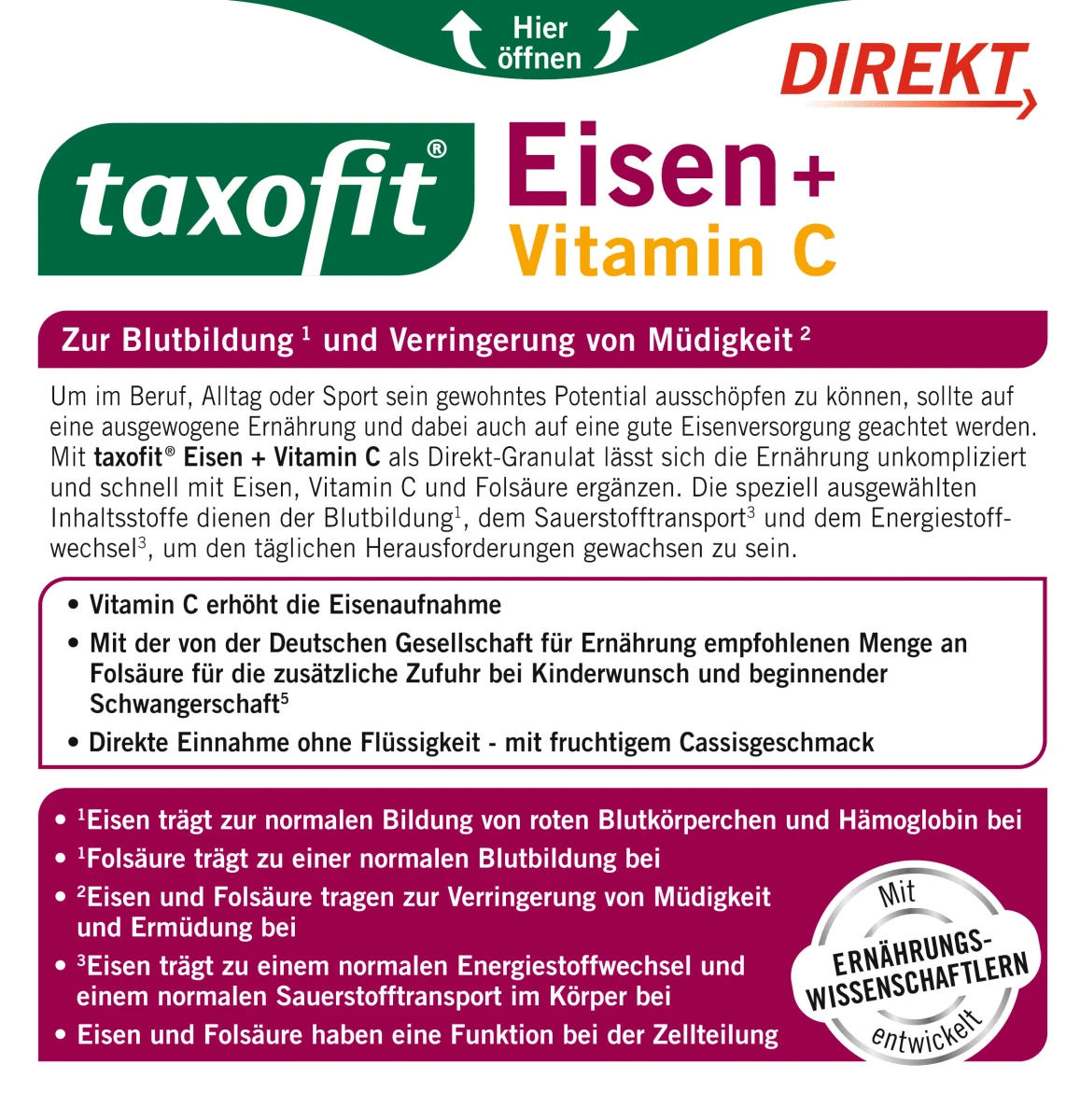 Биологически активная добавка Taxofit Eisen + Folsäure + Vitamin C, 20 шт - фото 2 - id-p2119371053