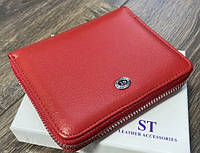 Компактный кожаный женский кошелек на молнии красного цвета ST Leather