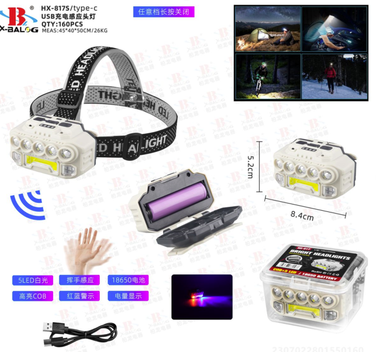 Налобний фонар HX-817S-COB, Білий, Червоний, Синій, Датчик руху, Водонепроникний, 1x18650, ЗУ Type-C, фото 1