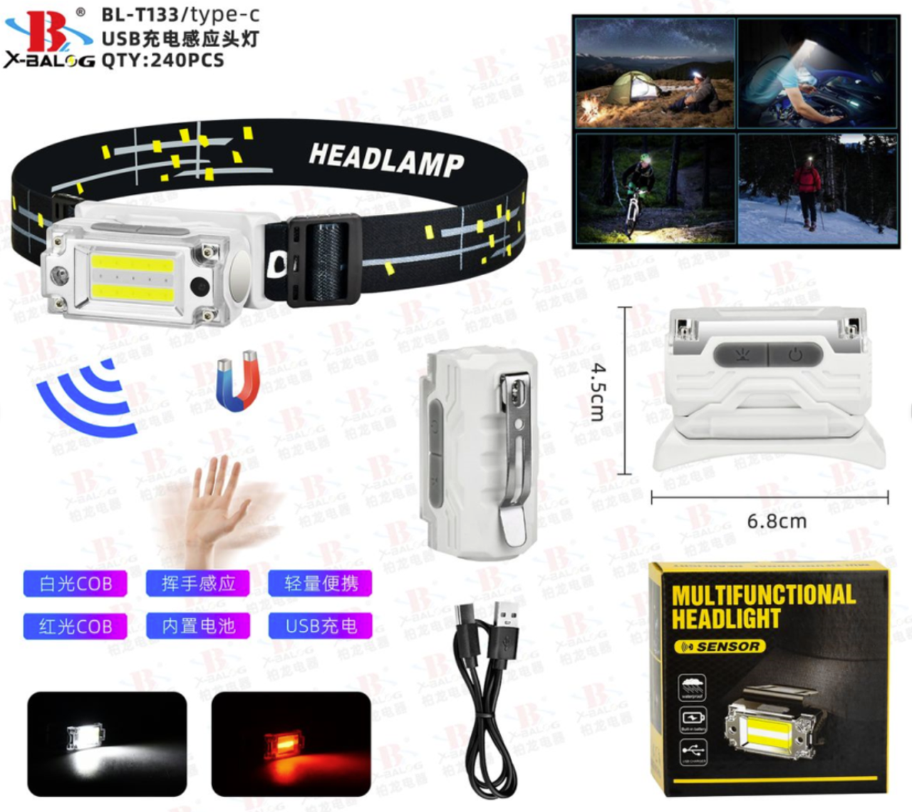 Налобний ліхтар Bailong BL-T133, Білий, Червоний, Датчик руху, Водонепроникний, 1x18650, ЗУ Type-C, фото 1