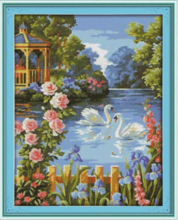 Набір для вишивання за нанесеною на канву схемою "Swan lake 3". AIDA 14CT printed, 48*60 см