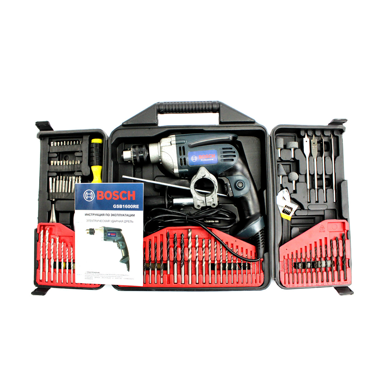 Ударний мережевий дриль Bosch GSB1600RE (870 Вт, 0-2800 об/хв.) з набором інструментів. Ударний дриль Бош
