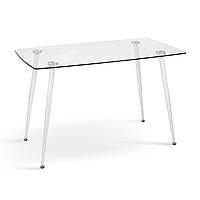 Прямокутний прозорий кухонний скляний стіл 120*70 см на кухню на білих металевих ніжках Грейс