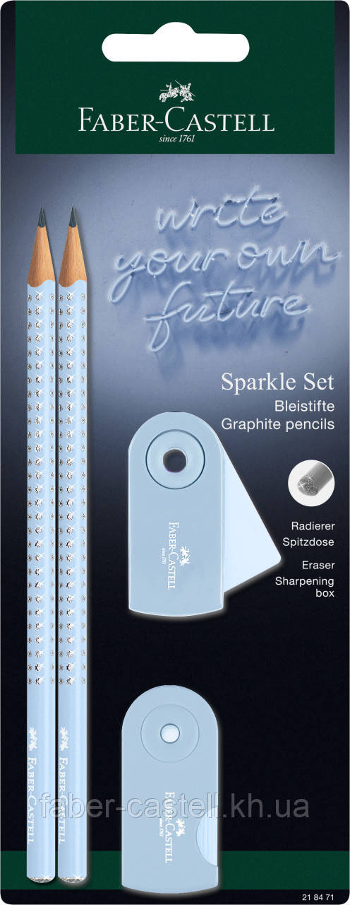 Набір Faber-Castell 2 чорнографітних олівця Grip Sparkle Sky Blue з стругачкою і гумкою Sleeve, 218471