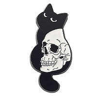 Брошь брошка пин значок скелет черный кот кошка металл эмаль череп