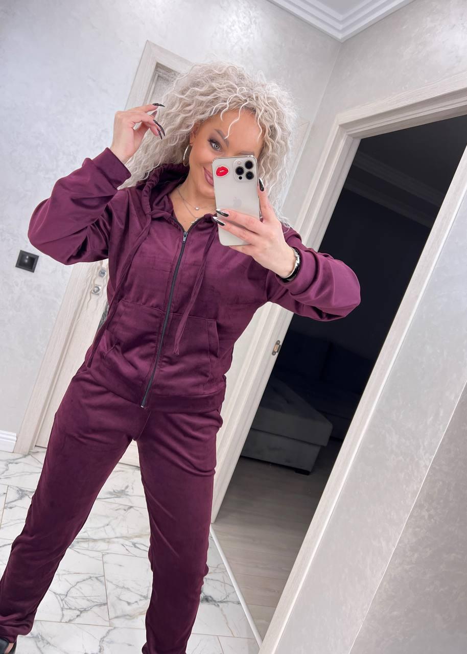 Спортивний жіночий велюровий костюм Люкс якості демісезонний не кашлатиться баклажановий, фото 1