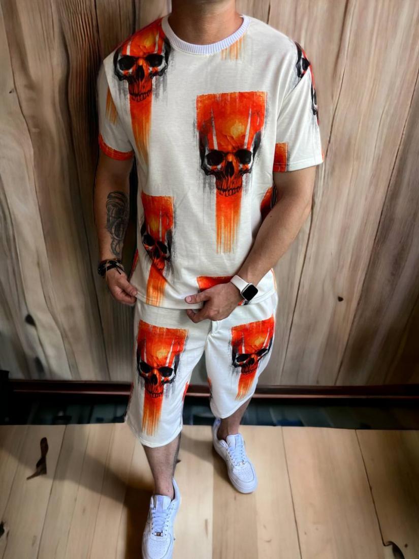 Костюм чоловічий літній білий молодіжний oversize футболка та шорти Scull, фото 1