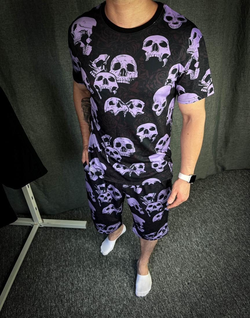 Костюм чоловічий літній бордовий молодіжний oversize футболка та шорти Scull and Roses, фото 1