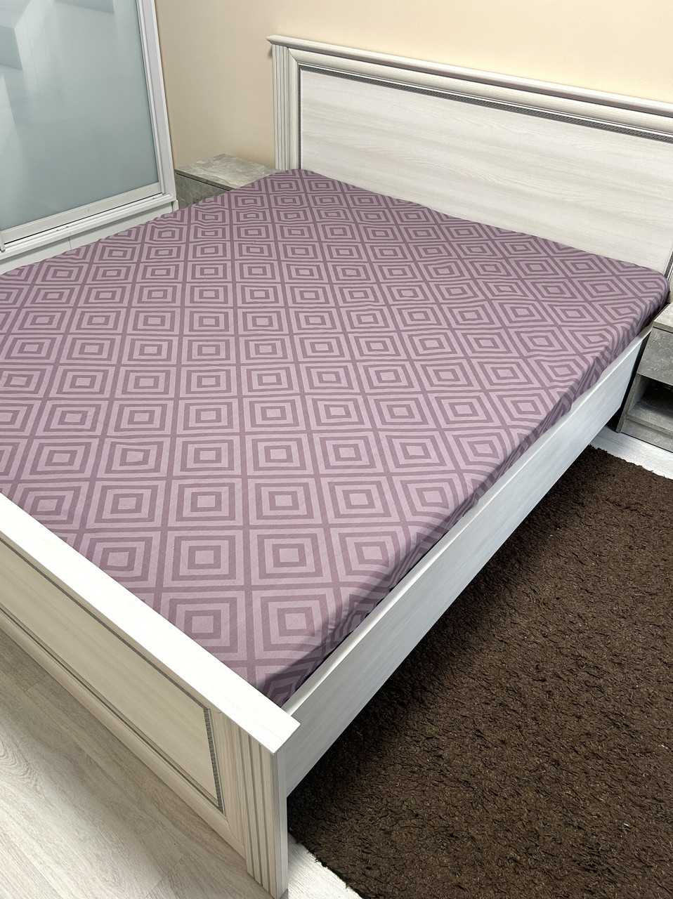 Простирадло на резинці двоспальне "Фіолетові ромби" | Бязь 180х200 см, фото 1