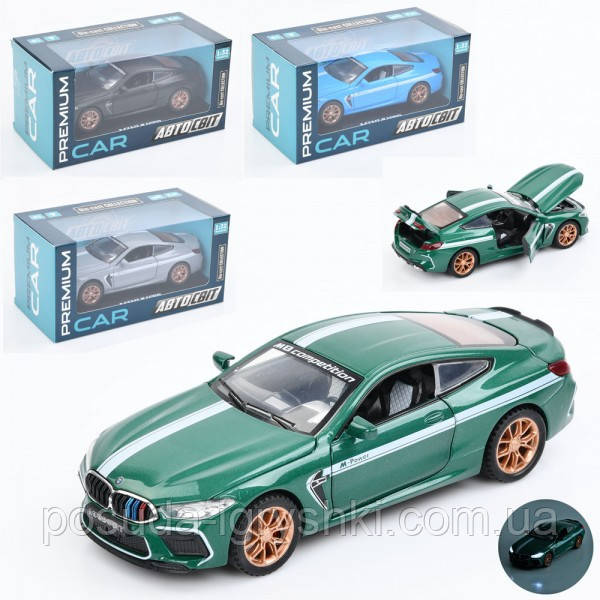 Машина AP-2059 АвтоСвіт, 1:32, металева, інерційна, відчиняються двері, гумові колеса, 4 кольори, музична, світло, на батарейках.