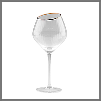 Бокал для вина высокий фигурный прозрачный ребристый из стекла с золотым ободком набор 6 шт бокалы для вина