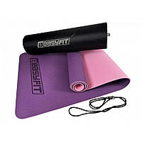Коврик для йоги и фитнеса EasyFit EF-1924E-VP, TPE+TC 6 мм, двухслойный + Чехол фиолетовый с розовый, Toyman