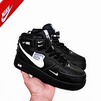 Новинка! Зимові жіночі кросівки Nike Air Force 1 Mid 07 Black/White чорні
