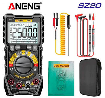 ANENG AN-SZ20, мультиметр TrueRMS, відліків: 25000, напруга: 1000В, струм: 20А, опір: 250MОм, ёмність: 100мФ,