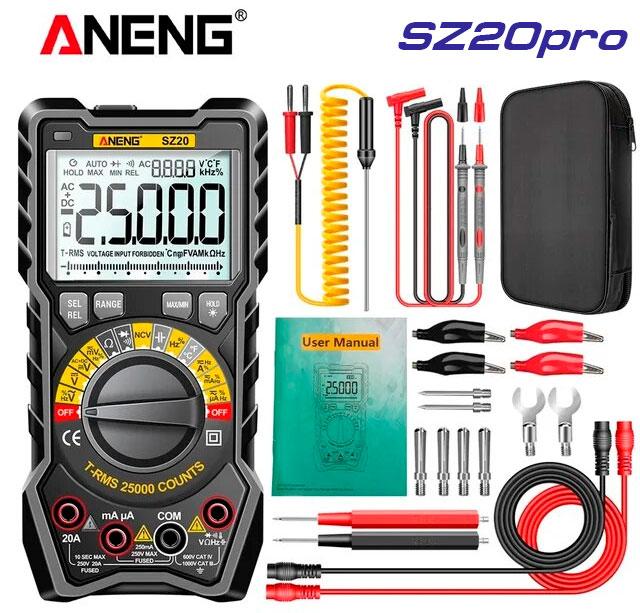 ANENG AN-SZ20pro, мультиметр TrueRMS, відліків: 25000, напруга: 1000В, струм: 20А, опір: 250MОм, ёмність: