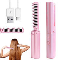 Утюжок выпрямитель для волос с USB, XL-683, Розовый / Беспроводной утюжок для волос / Расческа выпрямитель