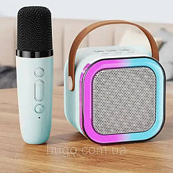 Дитяче караоке 2в1 K12, мікрофон з колонкою, Блакитний / Bluetooth колонка з LED підсвічуванням / Бездротовий мікрофон
