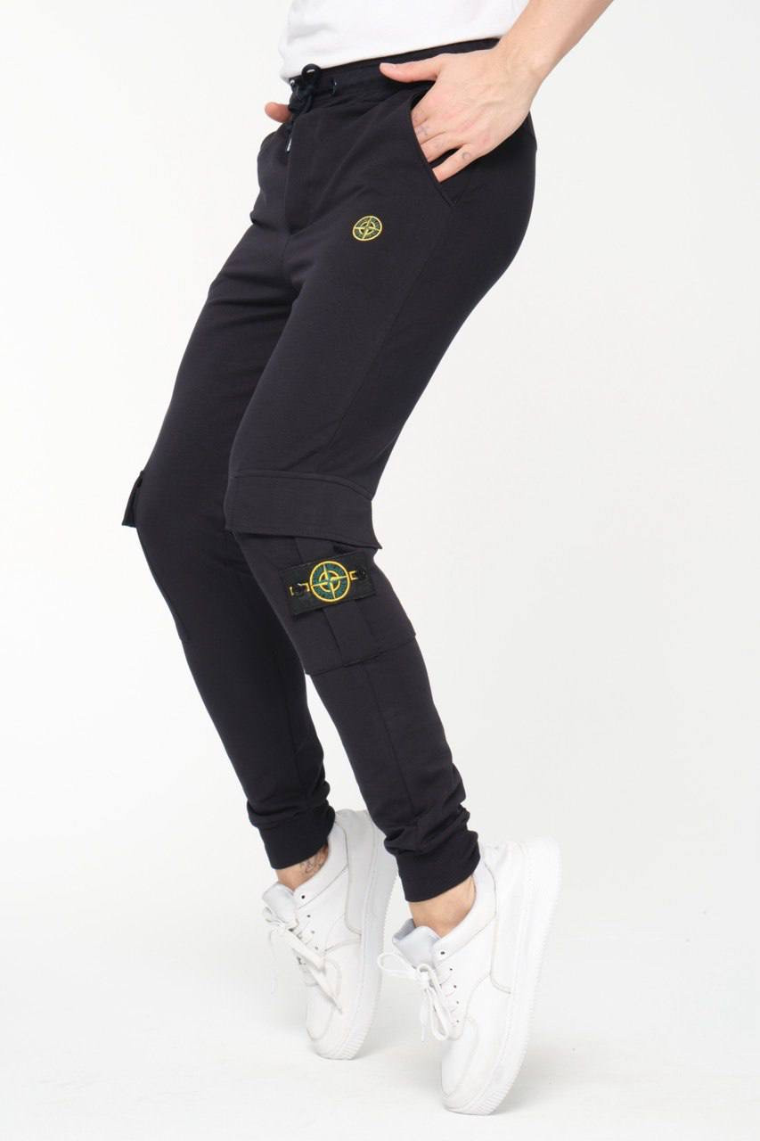 Чоловічі спортивні штани Stone Island чорні з бічними кишенями Стон Айленд карго штани Стонік із патчем
