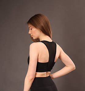 Топ жіночий для занять спортом із чорного еластану та вставками біфлекса та сітки