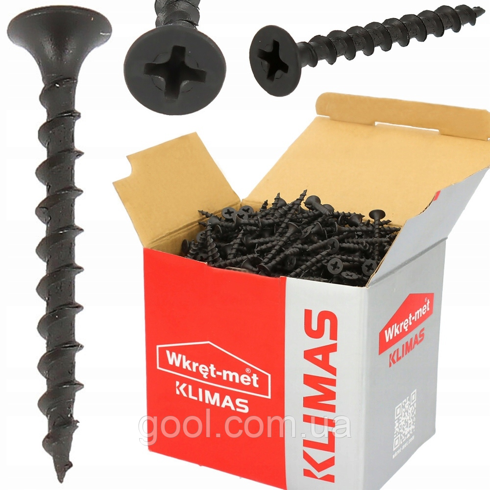 Шуруп саморіз 3,5х45мм Wkret-Met Klimas KSGD гострий для гіпсокартону для дерева фосфатний чорний паковання 500 штук, фото 1