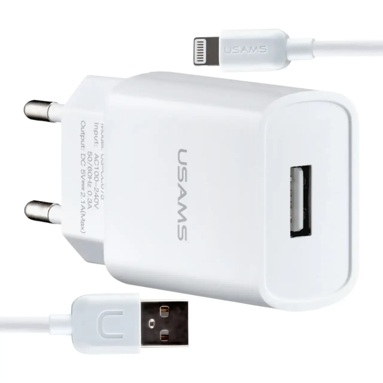 СЗУ USAMS T21 Charger kit- T18 single USB EU charger + Lightning cable White, фото 1